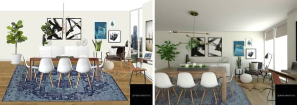 2 images side by side of a living room in 2D and 3D