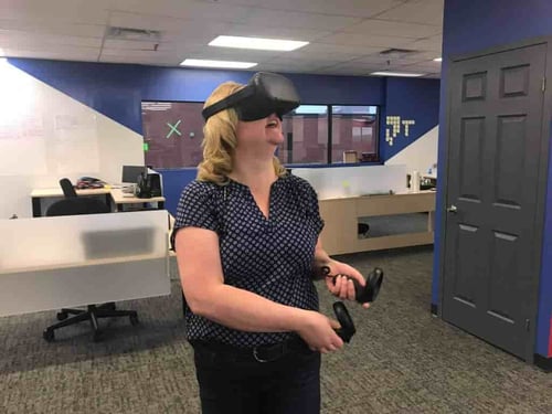 Trying on the Oculus Quest VR headset