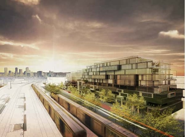 An Architectural render of the Giambrocco build in Denver at sunset. Gensler used VR for Architecture tools to show it off.