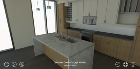 Yulio VR real estate image of a kitchn plan with marble counters and light wooden cabinets