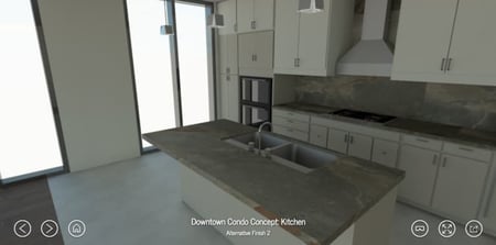 the dame kitchen rendering with gray countertops and white cabinets