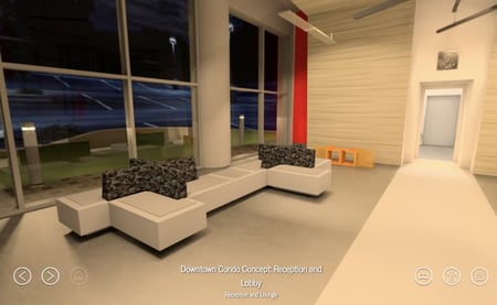 Condo building lobby with mmodern white couches, walls and floor shown in a VR format