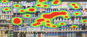 A grocery shelf with heatmap areas of interest overlay
